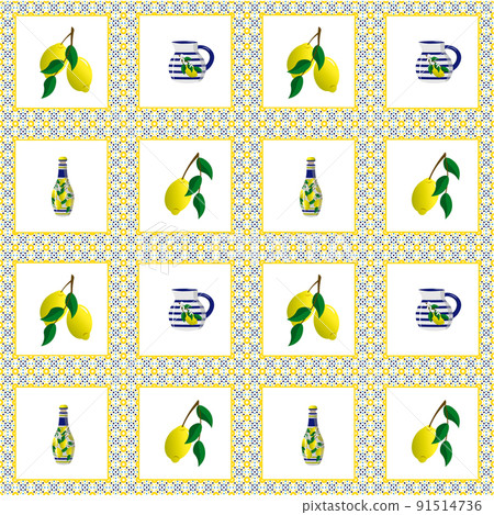 Pattern with Italian mosaic lemons and jug. Vector illustration with square ornaments.  91514736