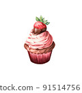 Chocolate covered strawberry cupcake isolated on white. Hand painted watercolor. 91514756