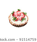 Strawberry tart with cream, hand painted watercolor on white background. Delicious food illustration. Clipart. For wallpaper, fabric design, textile design, banner, card, background, menu 91514759