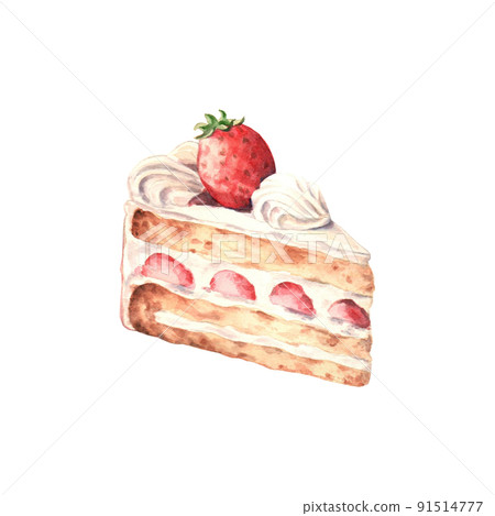A piece of strawberry cake with cream isolated on white. Hand painted watercolor. Delicious food illustration. Clipart. 91514777