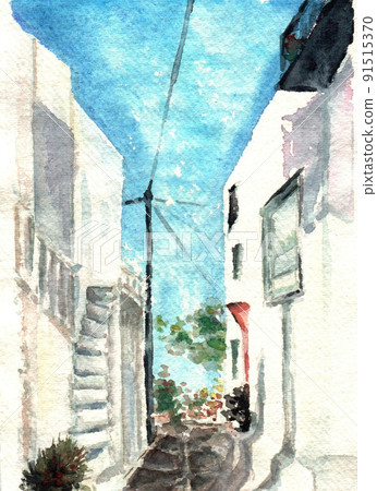 Beautiful street view small town of Mykonos Greece. Hand painted watercolor landscape with white building, blue sky, sunny day for illustration, print, background 91515370