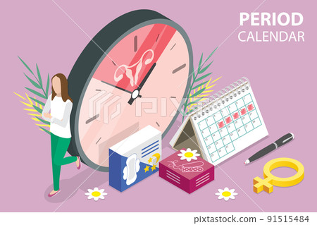 3D Isometric Flat Vector Conceptual Illustration of Women Period Calendar 91515484
