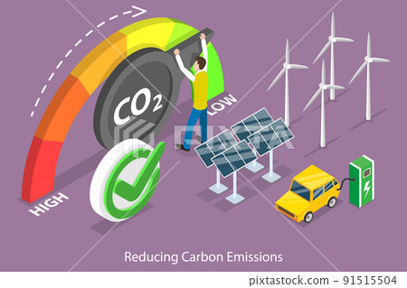 3D Isometric Flat Vector Conceptual Illustration of Reducing Carbon Emissions 91515504