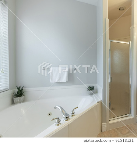Square frame Large bathroom interior with bathtub, sink and shower 91518121