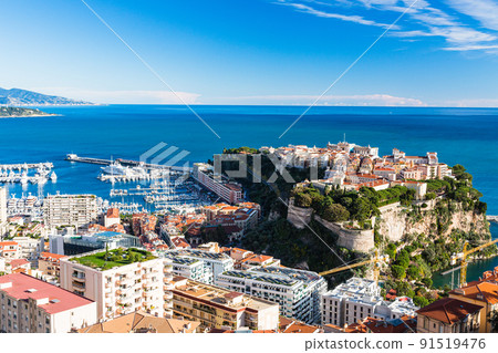Monaco Ville and the cityscape of Monaco city center seen from Monaco hill 91519476