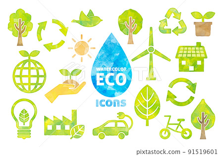 Eco-friendly icon set with watercolor touch Eco-friendly icon set with watercolor touch 91519601