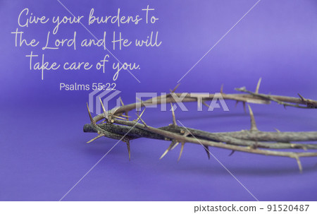 Christian prayer text with crown of thorns on purple cover background. Christianity concept. 91520487