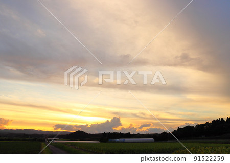 Dusk sky, fields, mountains 91522259