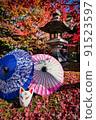 Autumn leaves, Japanese umbrella and fox face 91523597