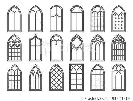 Church medieval windows set. Old gothic style architecture elements. Vector outline illustration on white background. 91523719