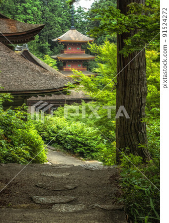 The three-storied pagoda of "Kayayama Chomeiji" in Omihachiman City, Shiga Prefecture, and the scenery of early summer 91524272