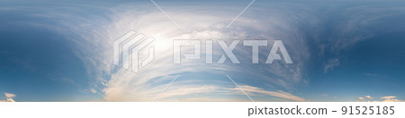 Blue sky panorama with Cirrus clouds. Seamless hdr 360 degree pano in spherical equirectangular format. Complete zenith for 3D visualization, game and sky replacement for aerial drone 360 panoramas. 91525185