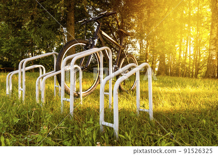 Sport bike parked in a forest Sport bike parked in a forest 91526325