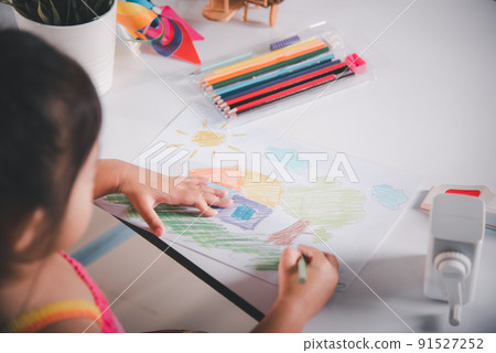 little girl colorful drawing landscape my home dream on paper 91527252