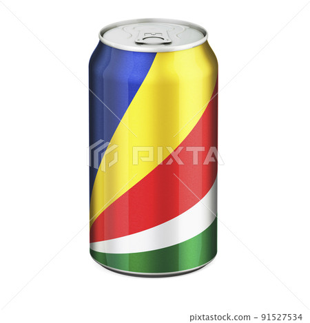 Seychelloise flag painted on the drink metallic can. 3D rendering Seychelloise flag painted on the drink metallic can. 3D rendering 91527534