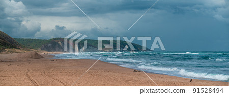 Beautiful sandy ocean beach with large rocks on the shore and in the water. Powerful waves on ocean. Ocean water splash on rock beach with Rugged cliffs. Agva beach Turkey 91528494