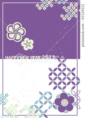 簡約日式設計新年賀卡模板素材梅花紫x淺藍 91528522