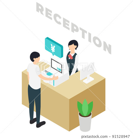 Male and female staff using the cash register at the reception 91528947