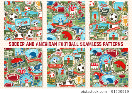 Set of american football and soccer club seamless patterns. Vector illustration. Wallpaper, background with soccer, sportsman player, football goalkeeper, ball, player, gate, helmet, ball, shoulder 91530919