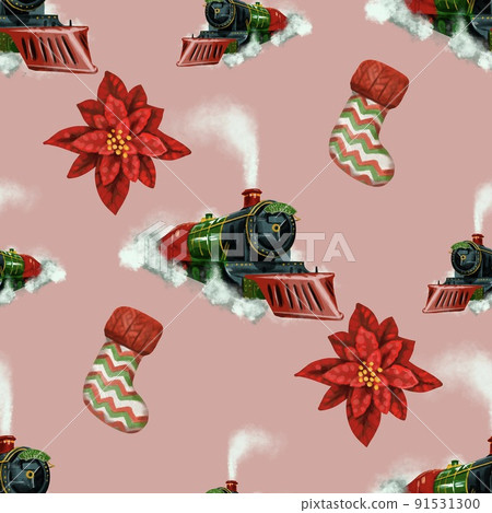 Watercolor Christmas seamless pattern. Realistic illustration Christmas fabric 91531300