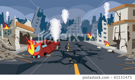 自然災害。地震摧毀了建築物,使地面開裂。 自然災害。地震摧毀了建築物,使地面開裂。 91531473