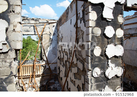 View from the ruined houses on the street after the air raid. 91532968
