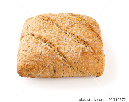 Whole wheat bread with flax seeds isolated on a white background. Square shape loaf of bread. Whole wheat bread with flax seeds isolated on a white background. Square shape loaf of bread. 91536572