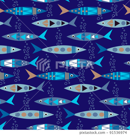Multicolored stylized fish. Seamless pattern on a blue background. Bright print for use in textiles, covers and prints, baby products, packaging, leaflets and flyers, shops. Vector illustration. Multicolored stylized fish. Seamless pattern on a blue background. Bright print for use in textiles, covers and prints, baby products, packaging, leaflets and flyers, shops. Vector illustration. 91536974