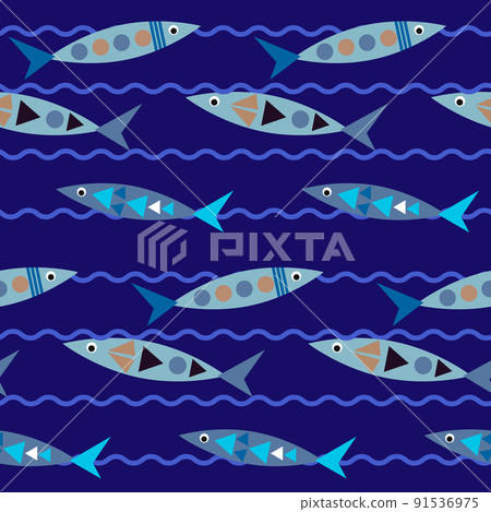 Seamless pattern with fish and waves on a blue background. Marine drawing for childrens prints. Bright print for use in textiles, covers and prints, baby products, packaging, leaflets and flyers, shop 91536975
