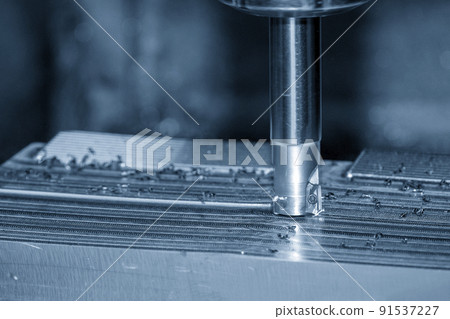 Close up scene the CNC milling machine rough cutting the injection mold parts by indexable tools. 91537227