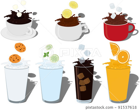 Collection of hot and cold drinks with big splashes on top vector illustration Collection of hot and cold drinks with big splashes on top vector illustration 91537618