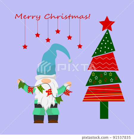 Postcard template with little gnome and christmas tree. Festive Christmas illustration. Vector drawing. For use in packaging, prints, for kids, shops, postcards and invitations, flyers, brochures and  91537835