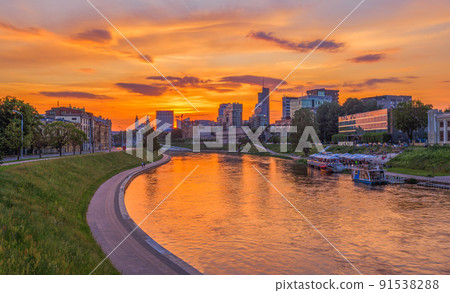 Landscape of Vilnius, Lithuania, Europe. Sunset Cityscape. landscape with Neris river Landscape of Vilnius, Lithuania, Europe. Sunset Cityscape. landscape with Neris river 91538288