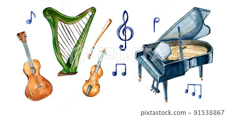 Set of string musical instruments watercolor illustration on white background. Set of string musical instruments watercolor illustration on white background. 91538867