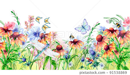 Meadow orange, pink flowers board and insects watercolor illustration isolated. Meadow orange, pink flowers board and insects watercolor illustration isolated. 91538869