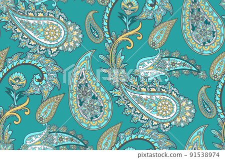 Design of fabric with flower decor and elegant paisley in Indian style , folklore ornament 91538974