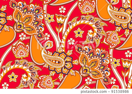 Textile design with beautiful flowers and elegant paisley in traditional motif , folklore ornament 91538986