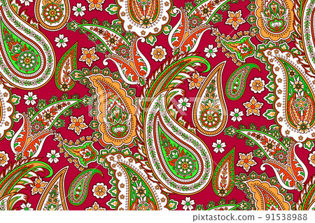 Vintage textile with flower decor and abstract paisley in ornament style , bohemian print 91538988