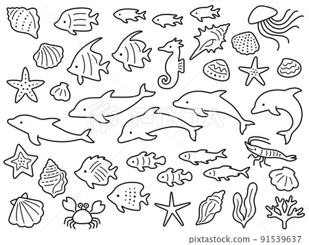 Line drawing illustration set of dolphins and sea creatures Line drawing illustration set of dolphins and sea creatures 91539637