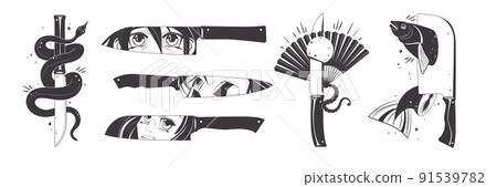 Manga knife and snake. Anime dagger. Asian sword and fan. Handle cut elements set. Chopped fish food. Girls eyes reflection in blade. Kawaii icons and shapes. Chef cutlery. Cartoon vector illustration 91539782