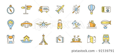 Vacation and tourism icon. Holiday travel line pictograms. Hotel building or transport. Beach vacation. Passport and airplane. Summer restaurants and mountains. Camp tent. Map pins. Outline vector set 91539791