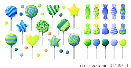 Candy and lollipop. Sweet sugar marshmallow, wrapped twirl gums, dessert food and confectionery. Blue green colors bonbons. Birthday party and presents. Cartoon vector illustration on white background 91539793