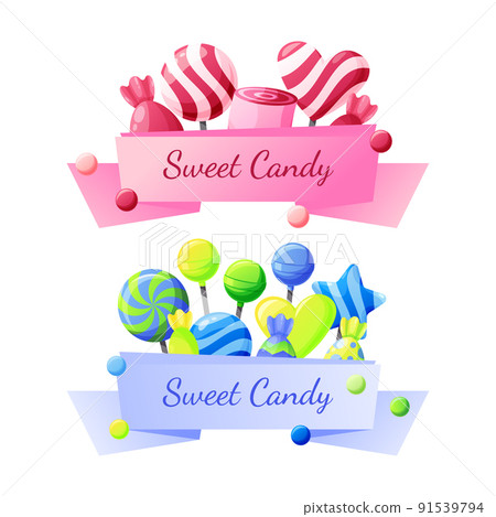 Lollipop candy banner. Sweet pink stickers with sweets, ribbon with color food element, cute lollypop for bakery website, confectionery shop and cafe, celebrate birthday holidays. Vector label design 91539794