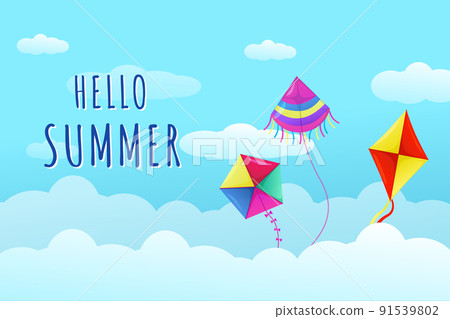 Makar Sankranti kite. Indian festival day of flying paper toys. Sky with clouds. Happy Lohri and Gujarat. Pongal holiday. Creative celebration traditional culture. Summer festival. Vector background Makar Sankranti kite. Indian festival day of flying paper toys. Sky with clouds. Happy Lohri and Gujarat. Pongal holiday. Creative celebration traditional culture. Summer festival. Vector background 91539802