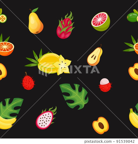 Fruit seamless pattern. Summer exotic mix. Sweet food texture for organic and vegan health diet. Trendy fresh eat. Tropical carambola and lychee. Palm leaf. Peach or pear. Abstract vector background Fruit seamless pattern. Summer exotic mix. Sweet food texture for organic and vegan health diet. Trendy fresh eat. Tropical carambola and lychee. Palm leaf. Peach or pear. Abstract vector background 91539842
