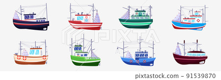 Sea fish boat. Fisherman cargo by vessels. Industrial river seafood ship. Trawlers in waves. Fishing yacht with crane and tackles. Isolated fisher motorboats side view. Vector flat illustration set 91539870