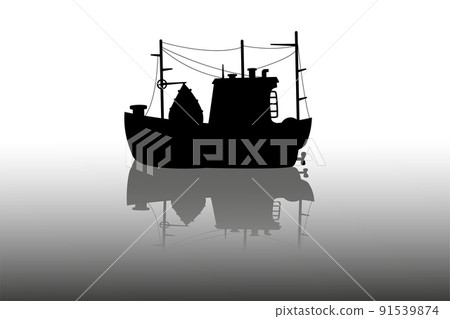 Fishing boat silhouette. Marine vessel. Isolated black sea ship with crane and tackles. Commercial ocean barge. Industrial nautical speedboat. Trawler shadow. Fishery towboat. Vector outline design 91539874