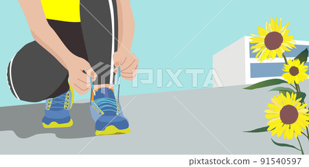 A background banner for runners who fasten their shoelaces on a sunflower-blooming road. Summer, cityscape, low angle, marathon A background banner for runners who fasten their shoelaces on a sunflower-blooming road. Summer, cityscape, low angle, marathon 91540597
