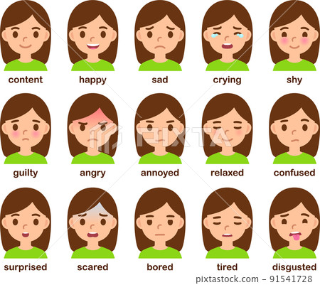 Cartoon girl face with different emotions Cartoon girl face with different emotions 91541728