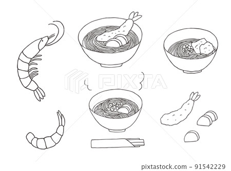 Hand-drawn illustration set of shrimp and soba (monochrome) Hand-drawn illustration set of shrimp and soba (monochrome) 91542229